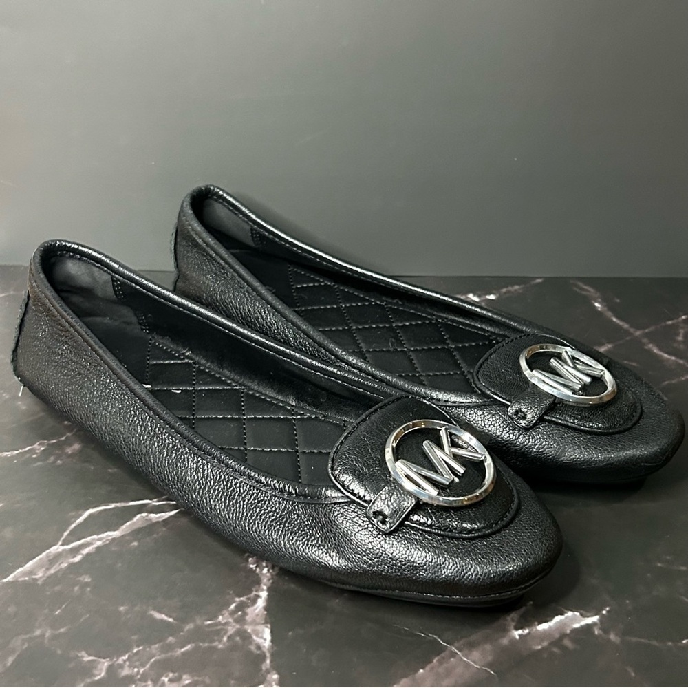 Michael Kors Black Leather Loafers with Silver Logo Size 7.5